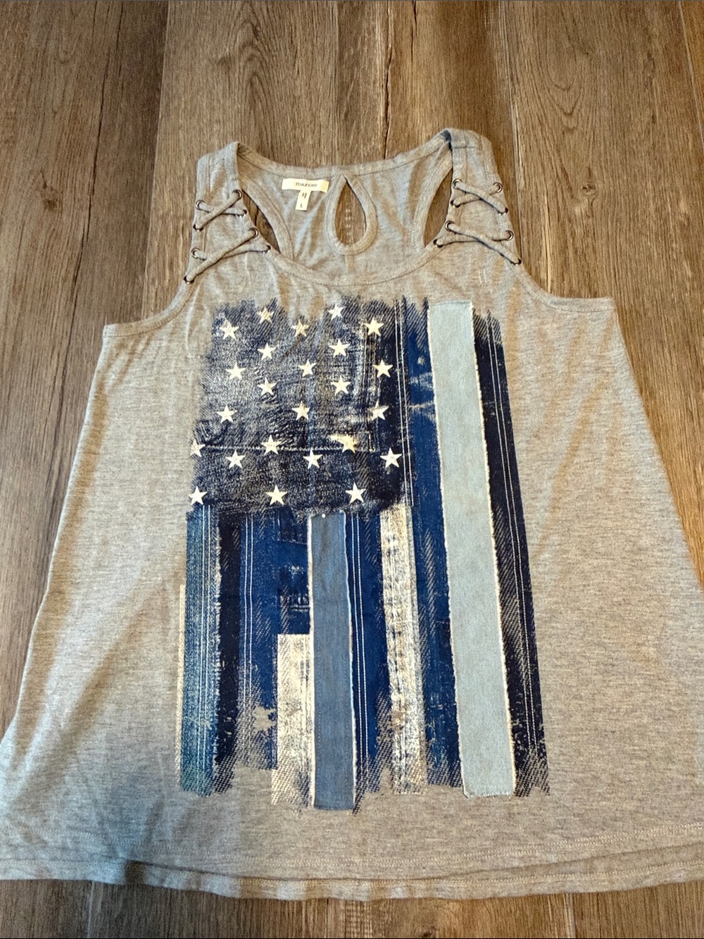 Maurices Gray Tank Top with Blue Flag Graphic